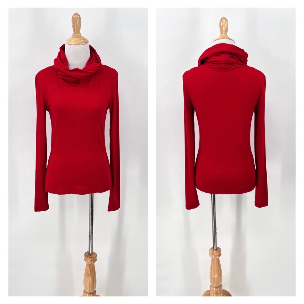 ISABEL DE PEDRO Exaggerated Turtleneck Long Sleeve Top Women 10 Red Stretch Knit